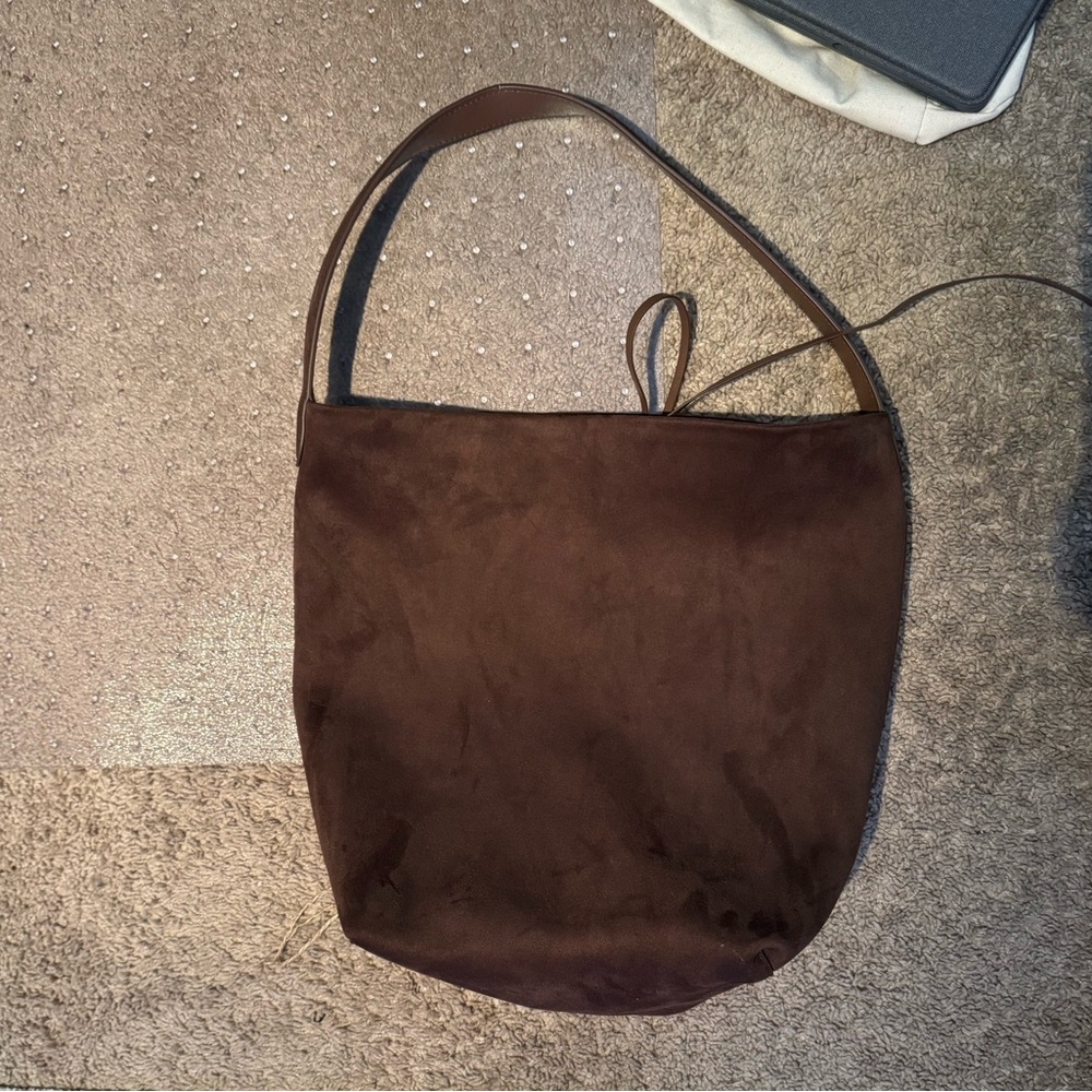 Brown suede bucket bag